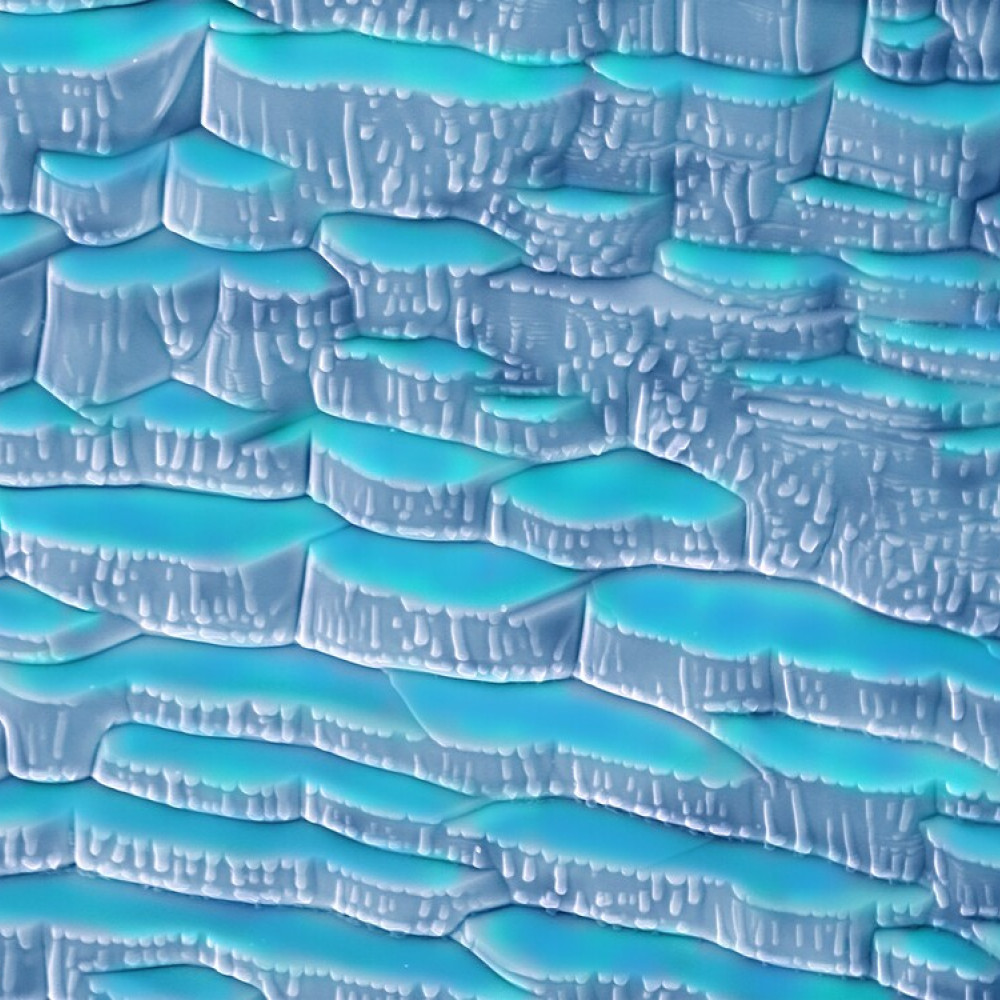 The image shows the structures of a micrograph of a material known as CIGS composed of atoms of Cu, Ga, In and Se. The microstructures seen in this electronic micrography remind us of the terraces formed in Pamukkale, Turkey where , over thousands of years the thermal waters, rich in minerals, have been forming white terraces of travertine, full of turquoise water, with stalactites and stalagmites.